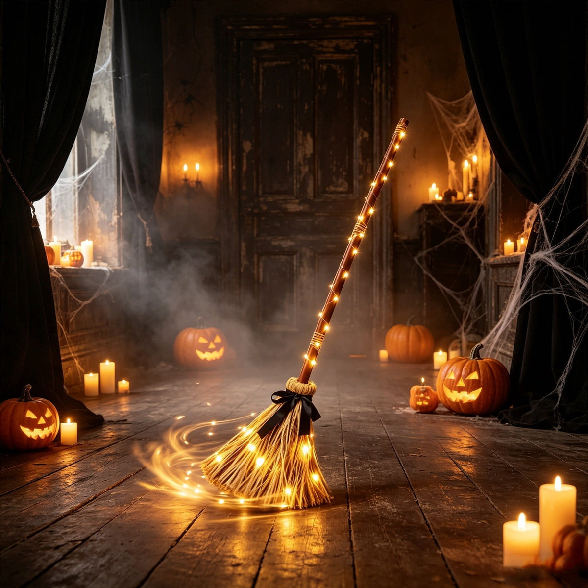 Halloween Witch Broom Cane with Ribbons, 38.2" Witches Broomstick for Wizard Costume Party, Photo Booth Accessory Stage Prop, Halloween Decoration, D