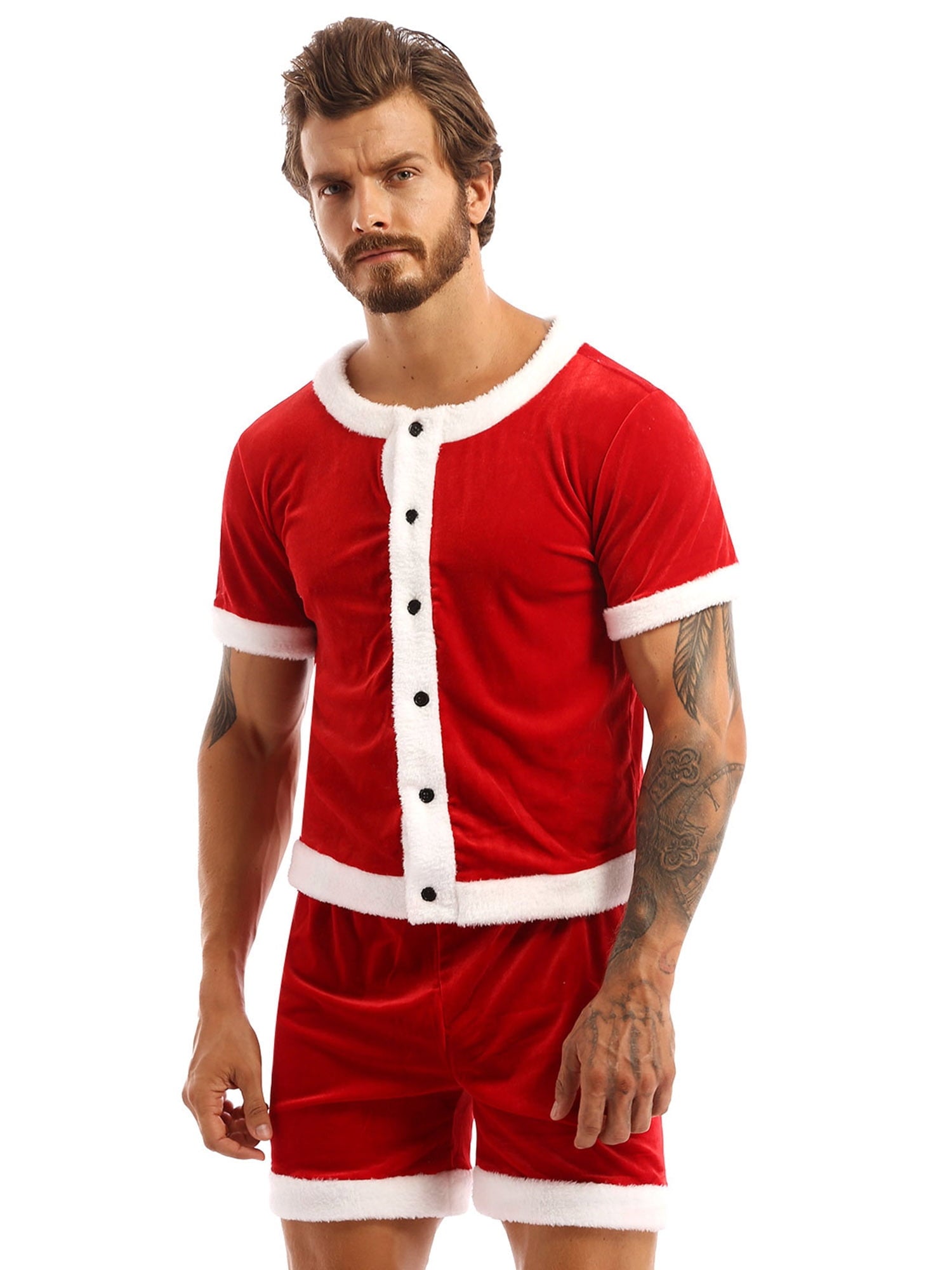 TiaoBug Men Christmas Santa Claus Cosplay Costume Boxers Leotard Bodysuit with Hat Xmas Party Outfits B Red XL