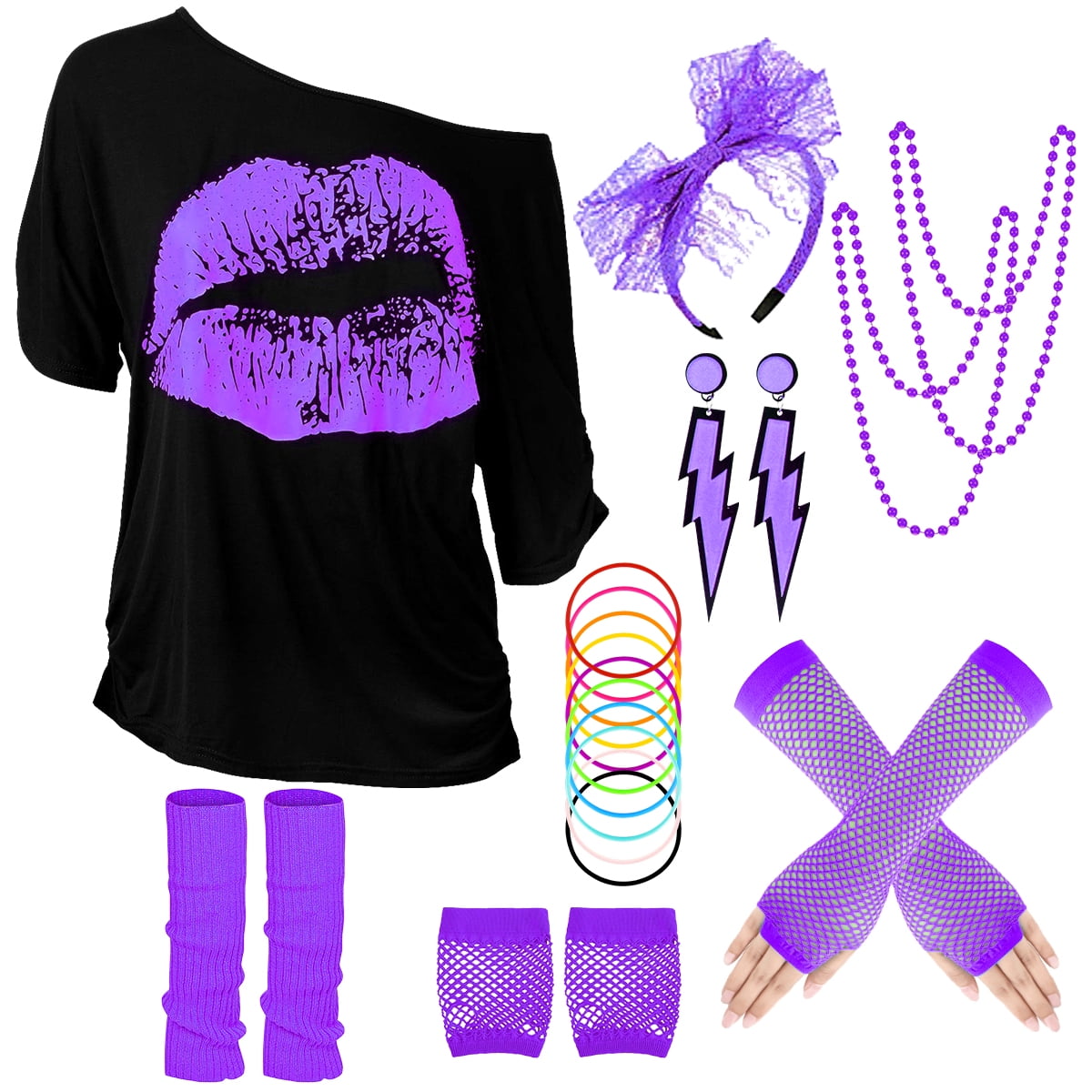 80s Costume for Women,80's Off Shoulder T-Shirt Headband Earring Necklace Fishnet Gloves Legwarmers for Women 80s outfit for 80s Party 22PCS