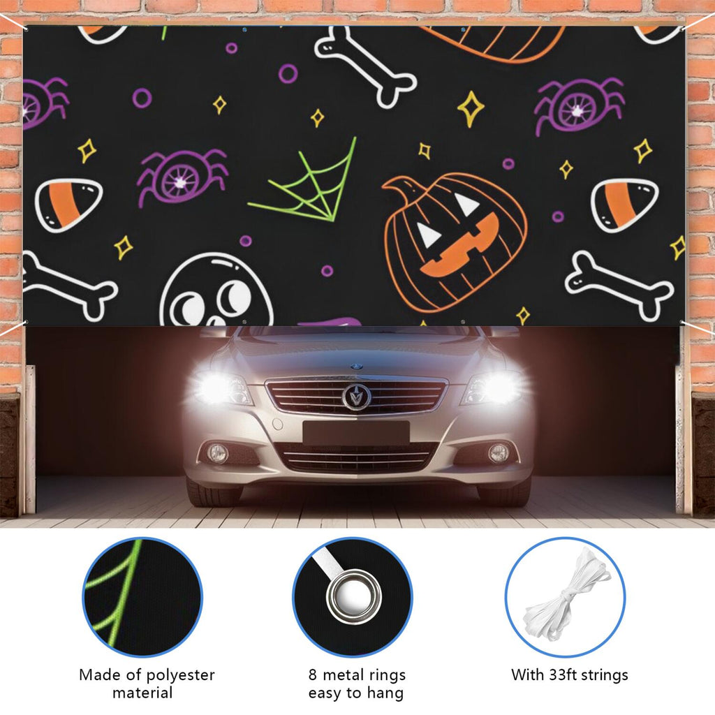 Halloween Garage Door Cover - 13x6ft Spooky Ghost Pumpkin Skull Witch Black Cat Polyester Backdrop for Outdoor Decor