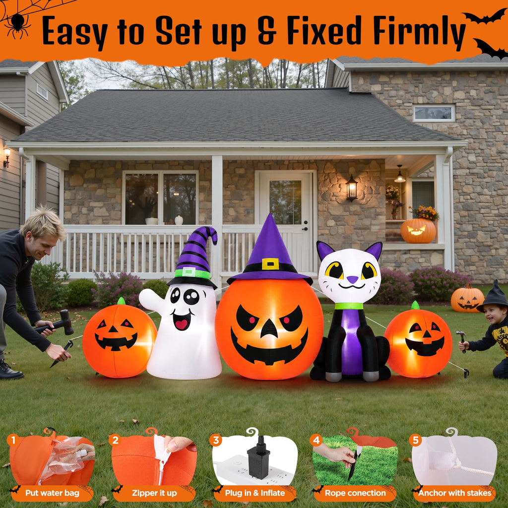 Firstness 8FT Halloween Inflatable Pumpkins Ghost Cat with Lights,Blow ups Outdoor Decorations for Yard