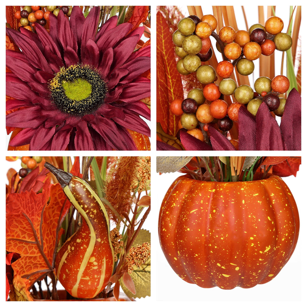 Briful 12.9"Artificial Pumpkin Floral Arrangement with Orange Sunflowers Leaves Fall Table Centerpiece for Harvest Autumn Décor