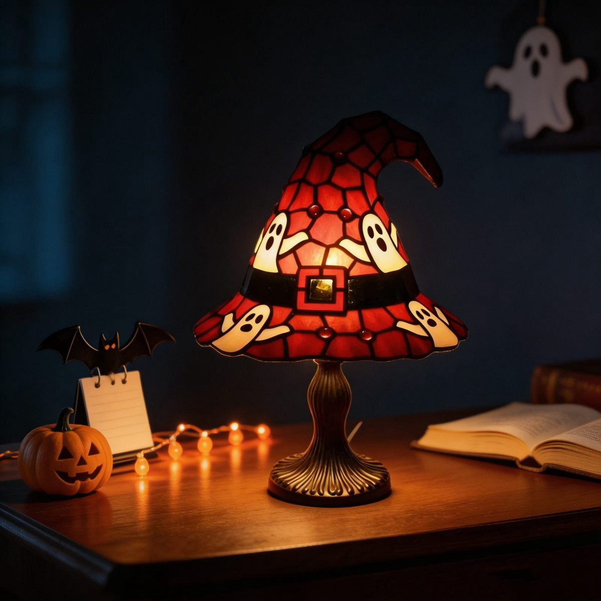 Clearance Halloween Table Lamp Decorations, Witch Hat Lamp Gifts - Handcrafted Retro Resin Witch Lamp, USB Powered Gothic Wizard Hats Night Light, Home Decor Accent Lamps for Bedroom