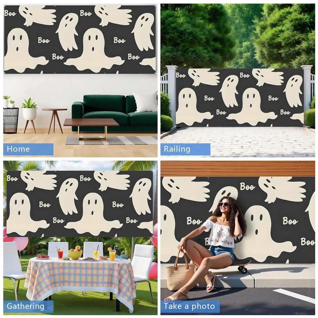 Halloween Garage Door Cover - 13x6ft Spooky Ghost Pumpkin Skull Witch Black Cat Polyester Backdrop for Outdoor Decor