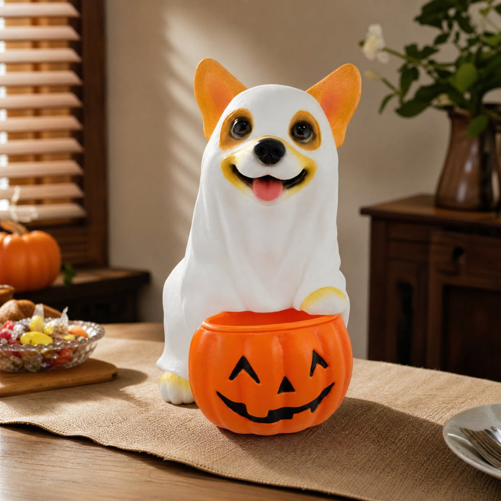 Halloween Dog Greeter - Frenchie 7.9in Resin Witch Dog with Light-Up Pumpkin, Spooky Fall Decor, Indoor Outdoor Tabletop Decoration