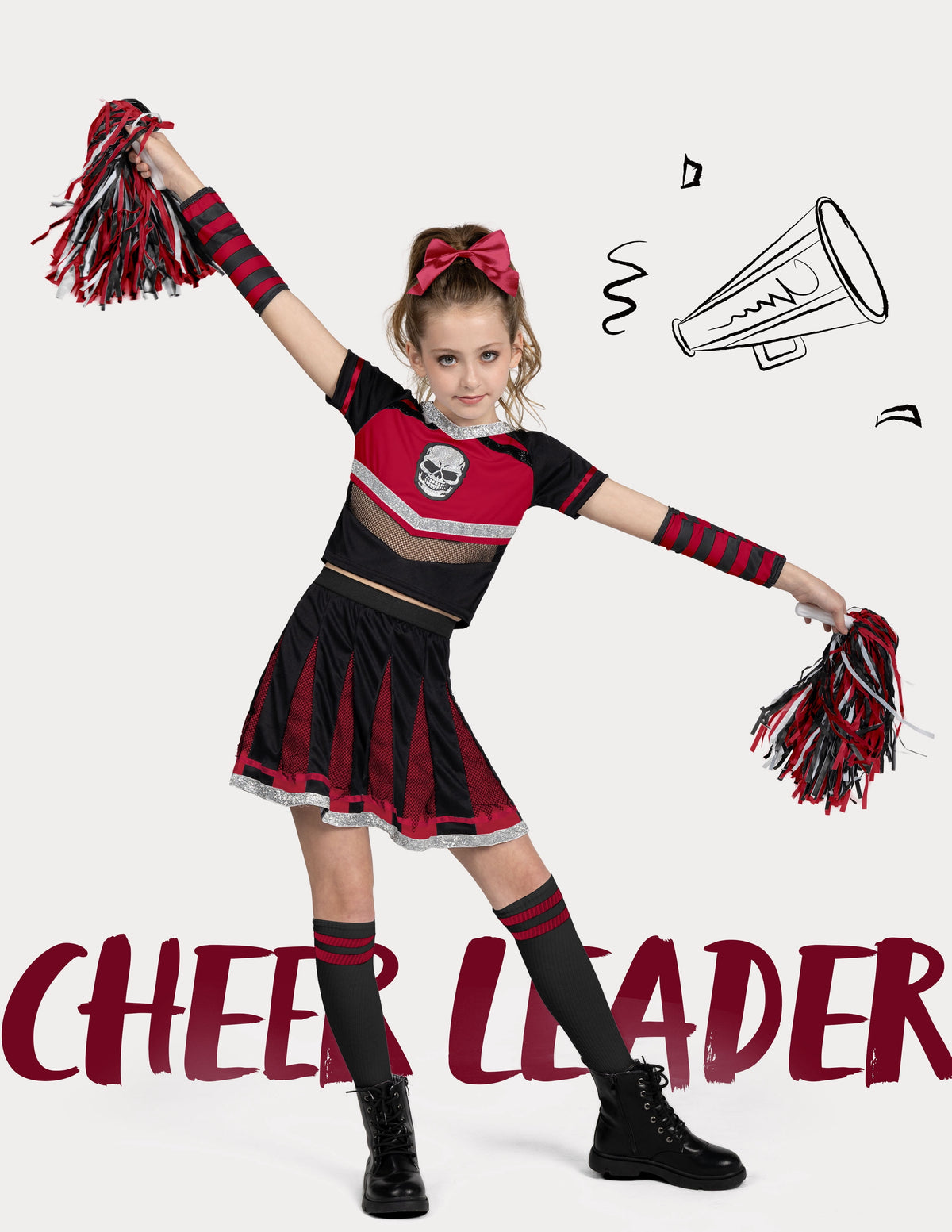 Joyfy Cheerleader Costume for Girls, Bad Spirit Costume for Kids, Skull Scary Outfit with Accessories for Halloween Party Cosplay
