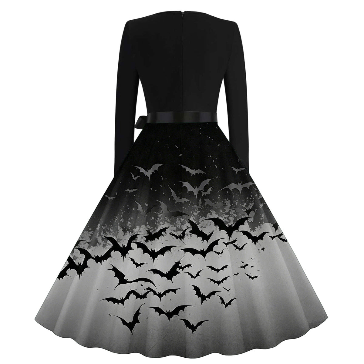 Women's Vintage Halloween Bat Print Swing Dress Long Sleeve 1950s Retro A-Line Midi Dresses with Satin Sash Belt for Gothic Cosplay Evening Prom Party