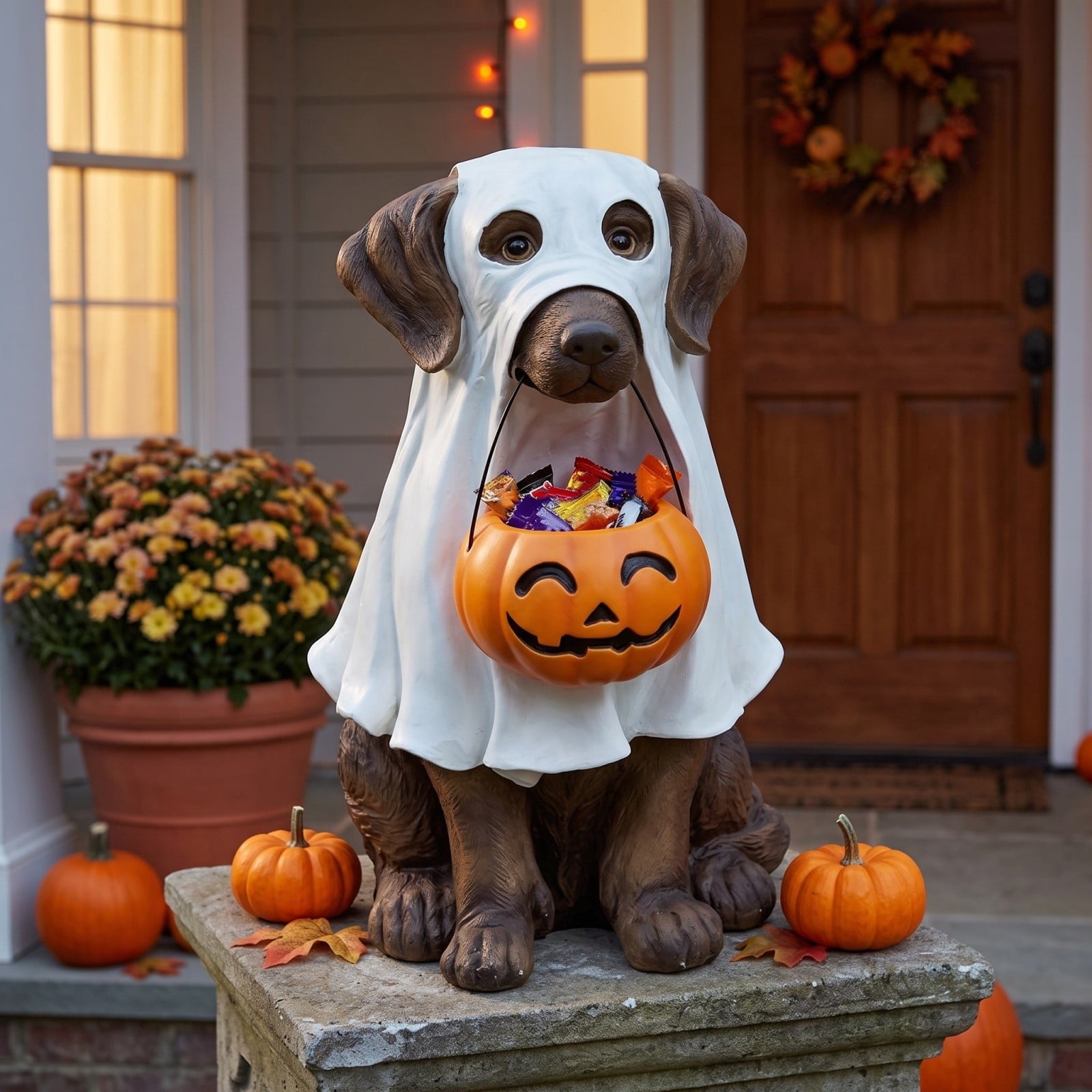 Halloween Dog Greeter - Frenchie 7.9in Resin Witch Dog with Light-Up Pumpkin, Spooky Fall Decor, Indoor Outdoor Tabletop Decoration