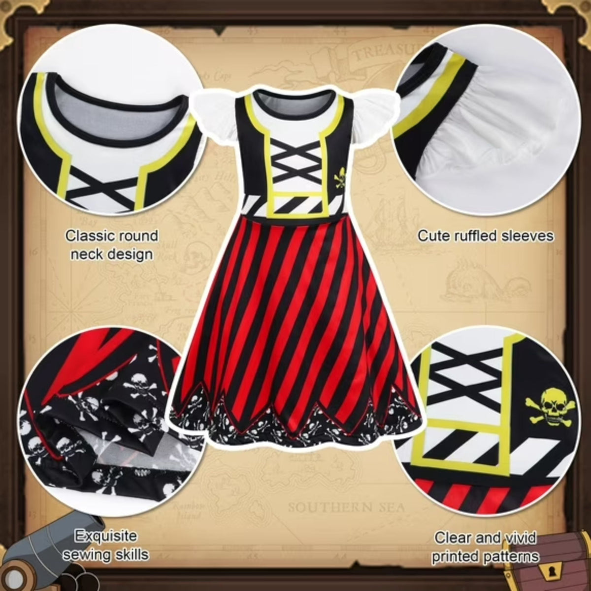 Benylion Girls Pirate Costume for Kids Halloween Party Dress Up Toddler Pirate Christmas Cosplay Outfit with Accessories for 5-6 Years