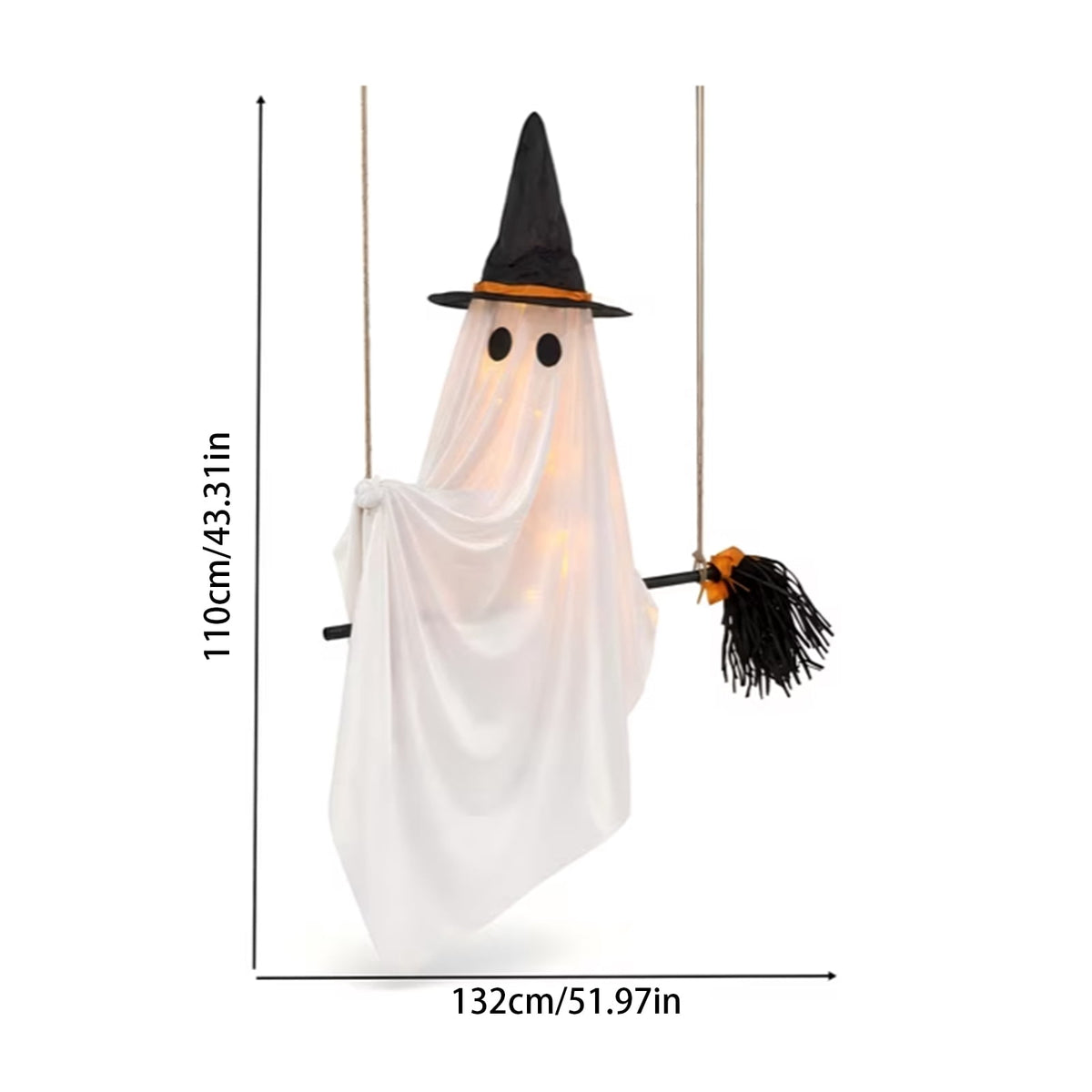 5 FT DIY Hanging Swing Ghost Halloween Decor, Light-Up Flying Ghost on Broomstick with Witch Hat, Spooky Cute Outdoor Halloween Decorations for Front Porch Yard Tree (Remote-controlled light-up )