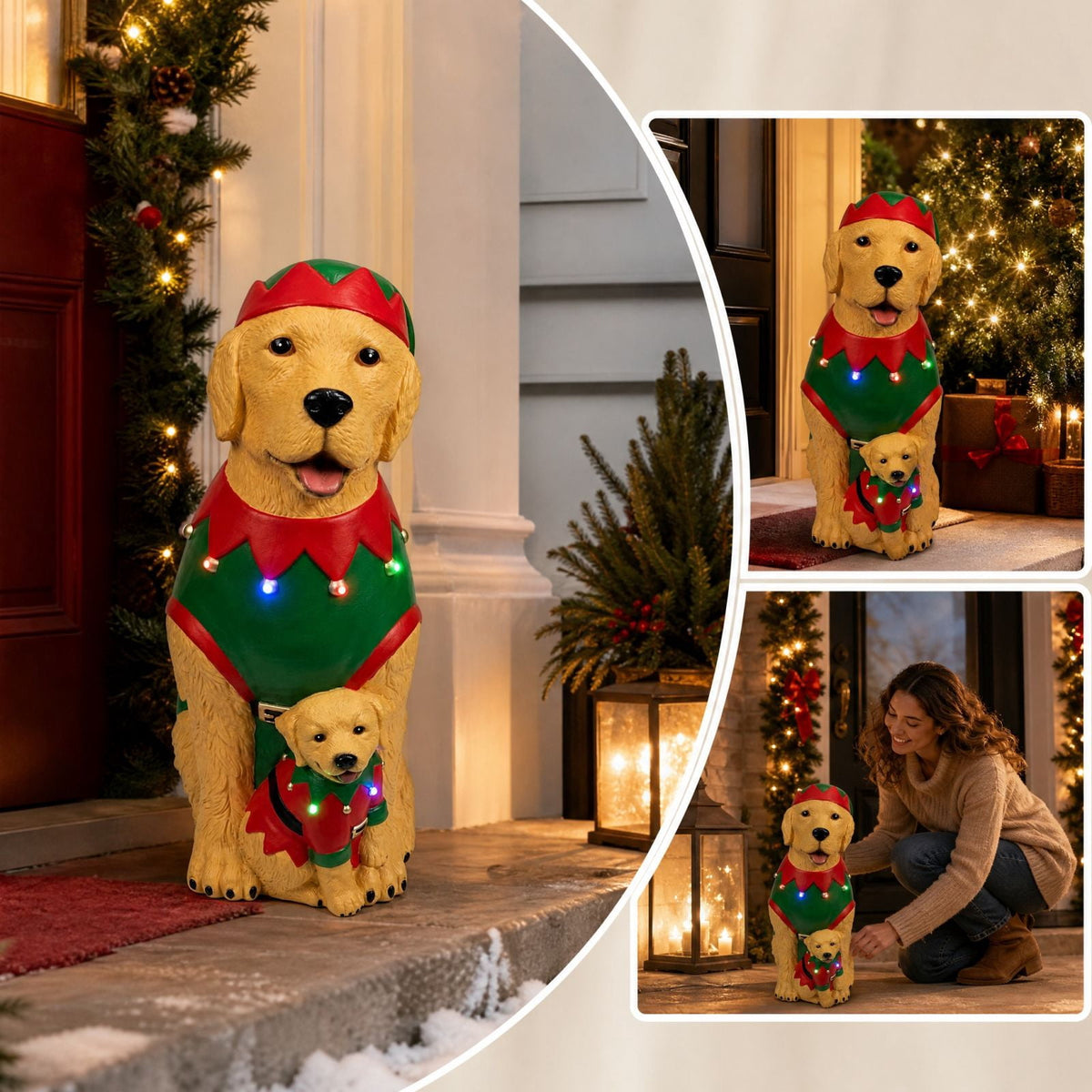 Clearance! Christmas Golden Retriever Statue with LED Lights, Cute Dog Holding Puppy Figurine, Christmas Decoration Indoor Outdoor, Gift for Kiddo Adults