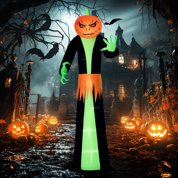 9FT Halloween Inflatable Pumpkin Ghost, 6 LED Lights, Waterproof Polyester, Automatic Inflation for Indoor/Outdoor Yard/Neighborhood Decor