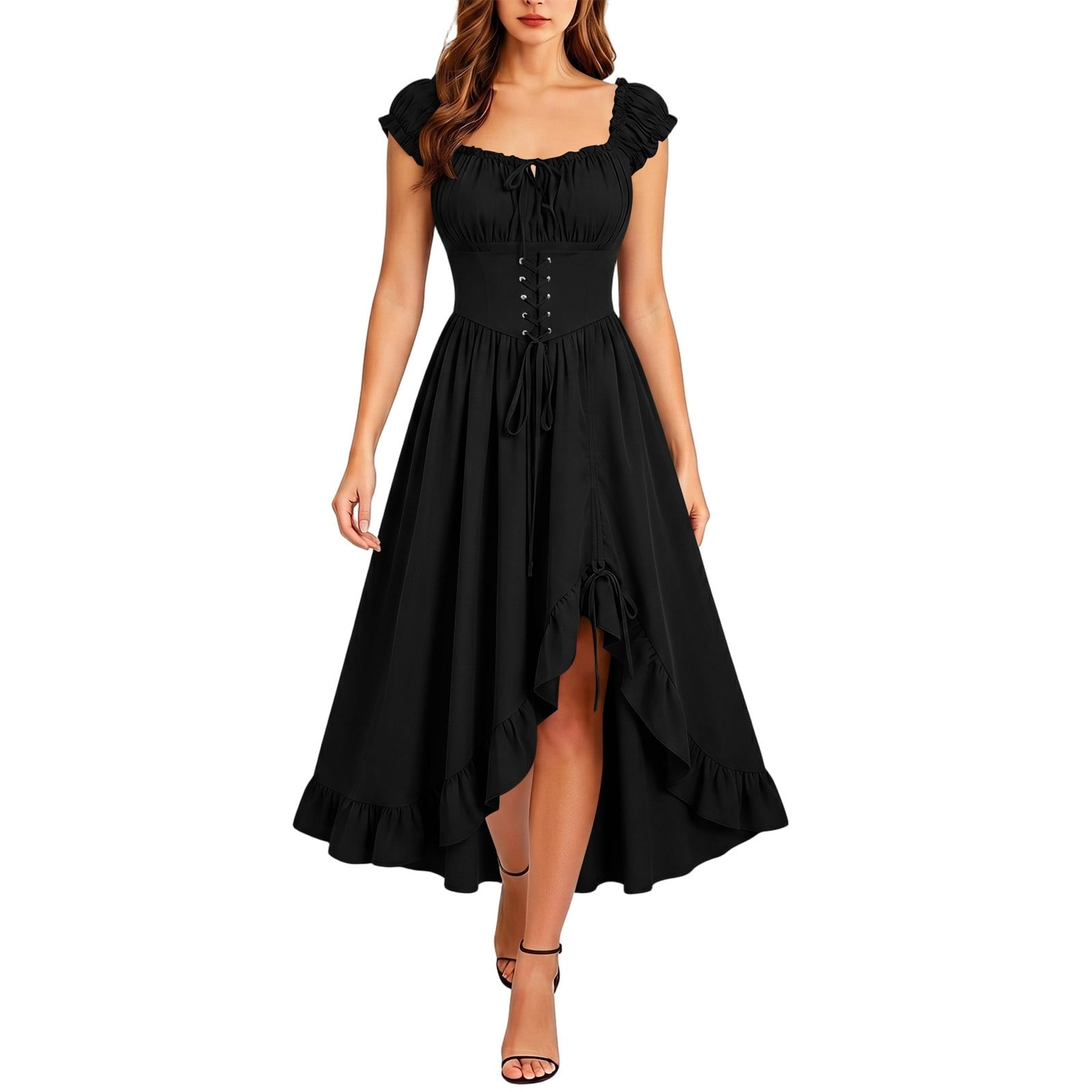 Gothic Dresses for Women Medieval Renaissance Halloween Costume Lace Up Corset High Low Ruffle Hem Square Neck Vintage Gown