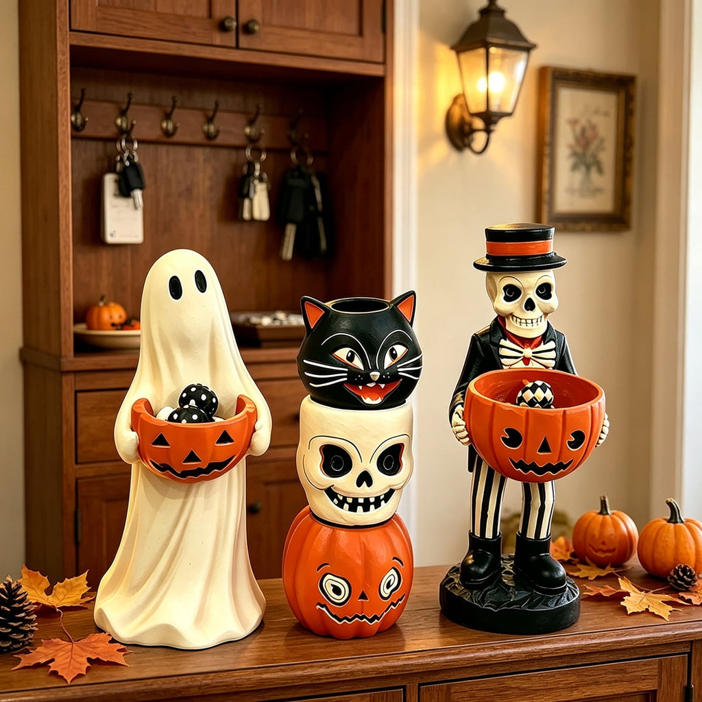 Clearance Halloween Ghost Resin Figurine with Black Cat & Pumpkin Candy Bowl 10“- Cute Spooky Tabletop Decor for Home Mantel, Shelf, and Indoor Fall Display