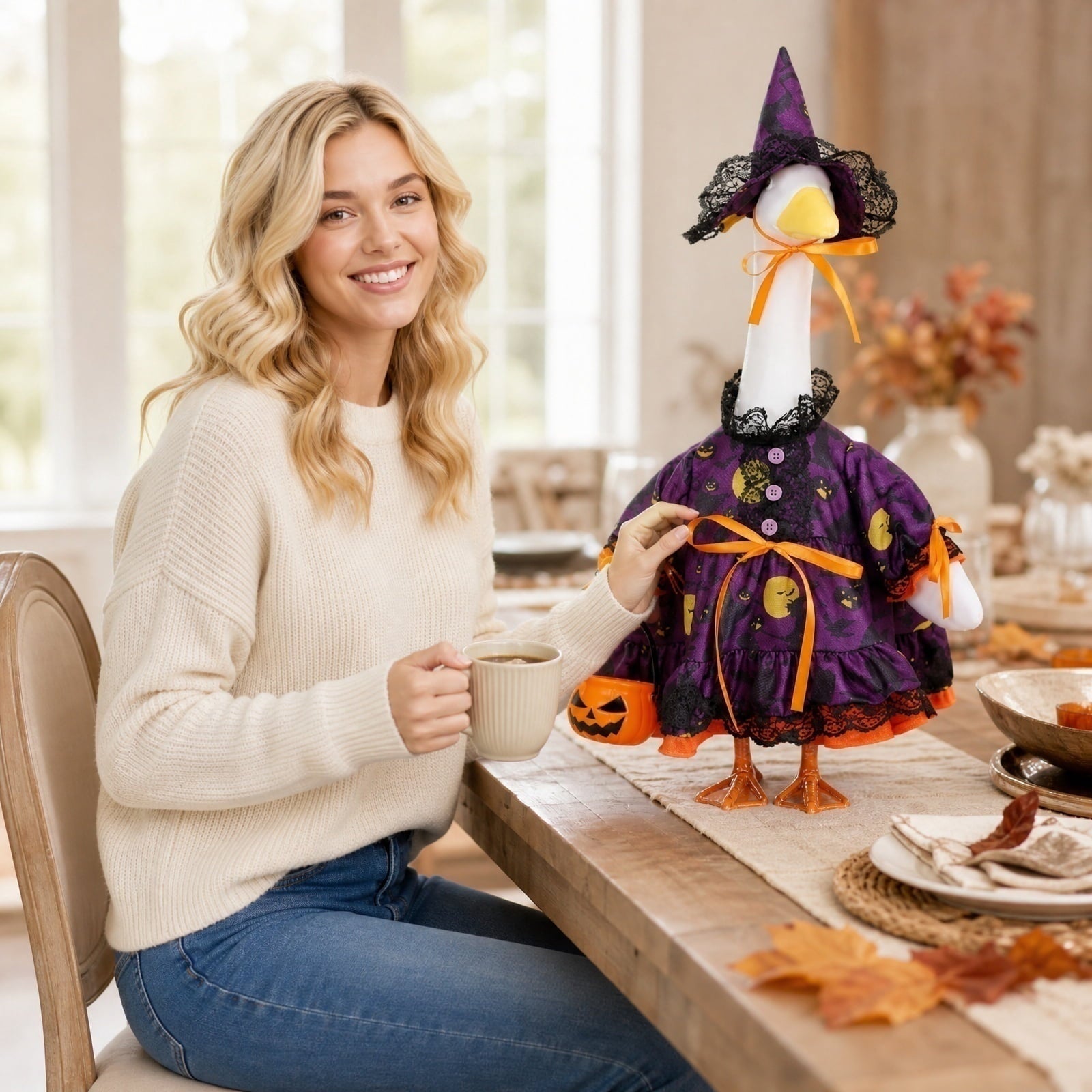 Outdoor Holiday Yard Decor, 23 Inch Porch Goose Outfits, Halloween Pumpkin Themed Porch Goose Clothes, Porch Goose Set with Hat and Treat Bag, Fits Standard 23 Inch Large Porch
