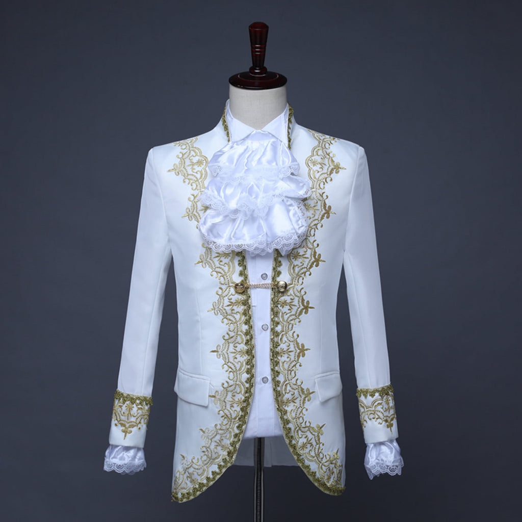 Odeerbi Mens Steampunk Tailcoat Gothic Medieval Gold Embroidery Jacket Halloween Tuxedo Coat Frock Uniform European Court Performances Prince Uniforms Coat White