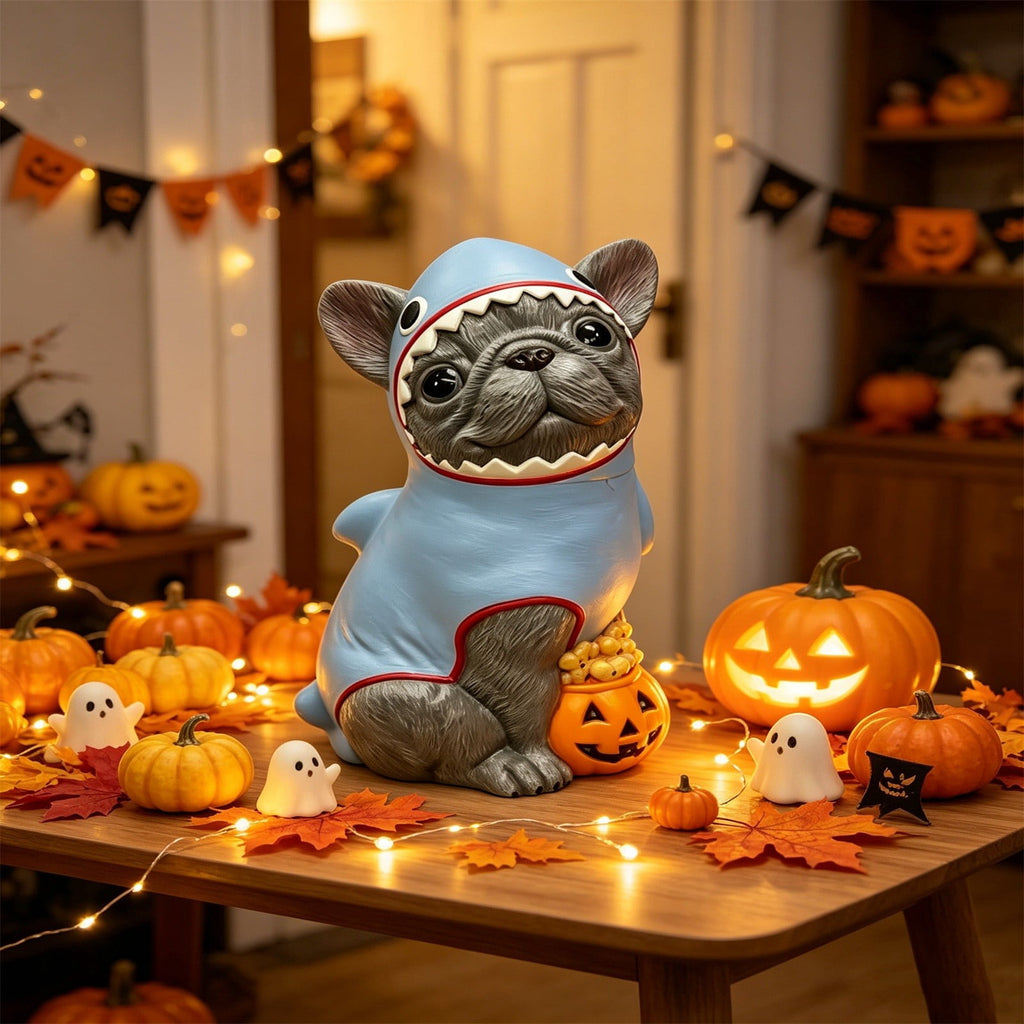 Gray Frenchie in Shark Costume Blow Mold, Halloween French Bulldog Statue with Light Up Pumpkin Decor, Cute Resin Outdoor Indoor Tabletop Dog Ornament, Entryway Patio Yard Decoration, 7.87"