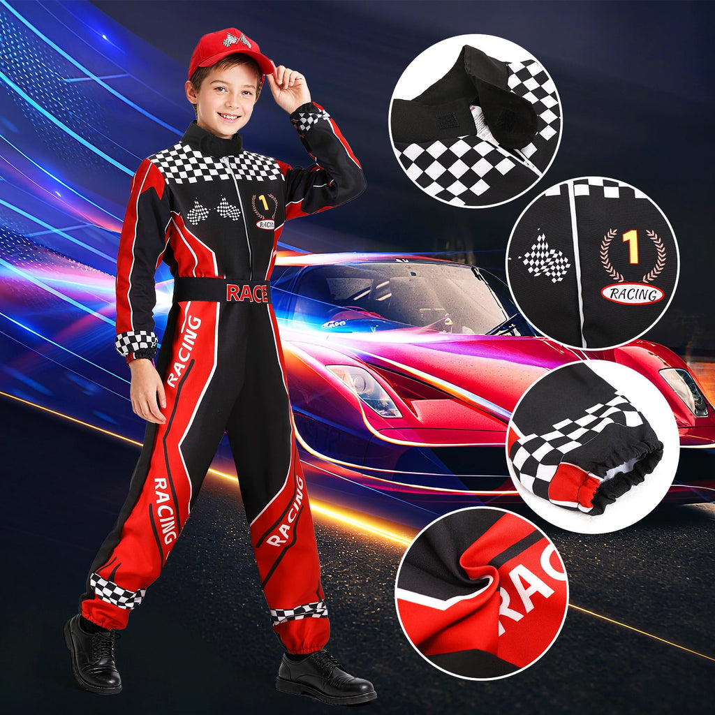 Race Car Driver Costume Boys Kids Racer Jumpsuit Outfits with Car Cap for Halloween Dress Up