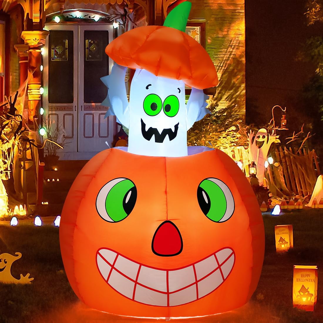 COMIN 5 FT Halloween Inflatables Animated Pumpkin Ghost Outdoor Decorations Blow Up Yard with Built-in LEDs for Indoor Party Garden Lawn Decor