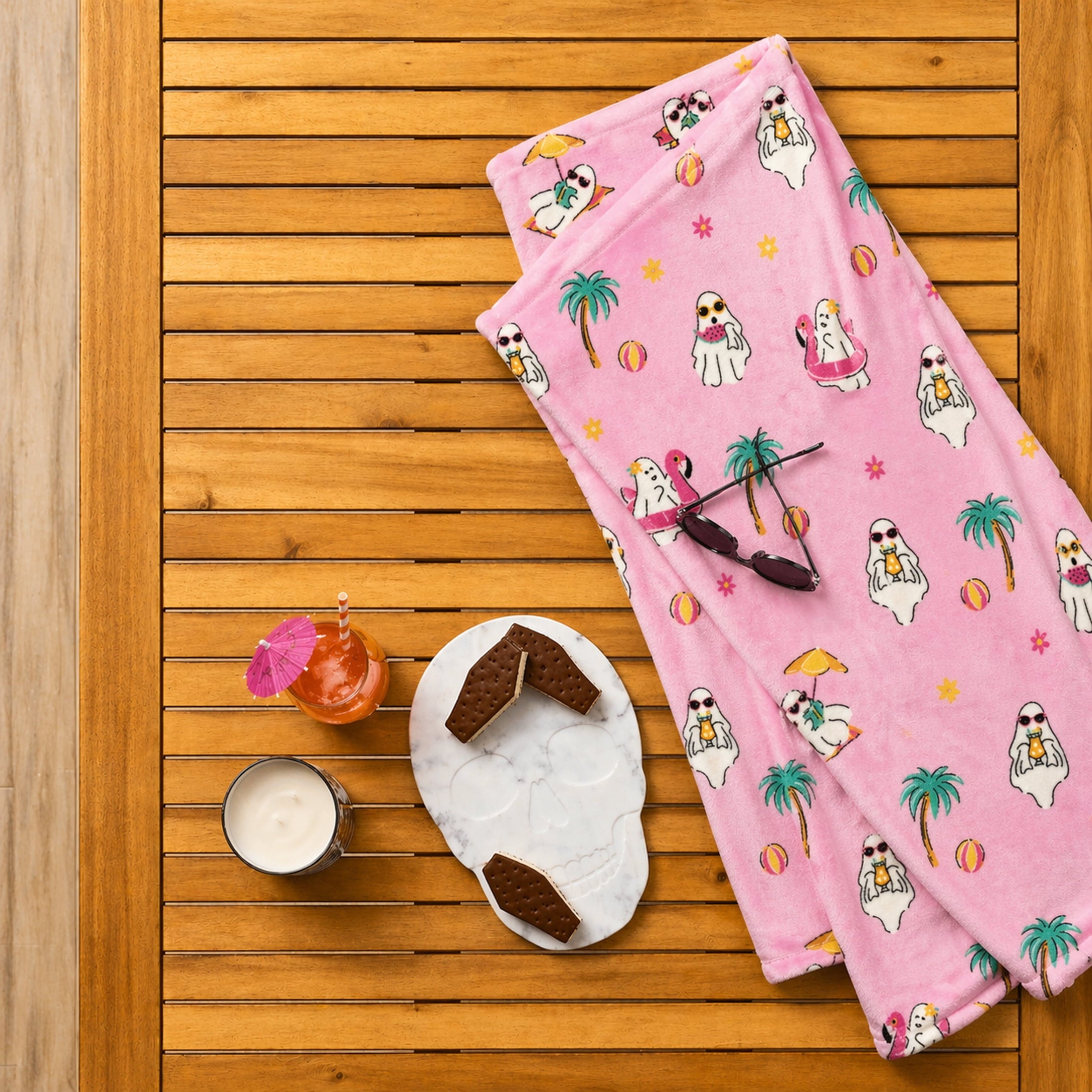 Summerween Oversize Super Soft Plush Throw Blankets, Summer Patio Pool Halloween Throws, RETIREMENT GHOST