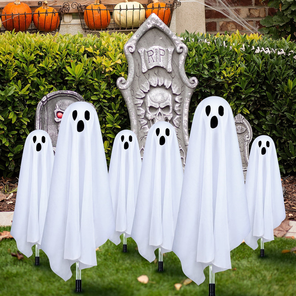 Qoosea Halloween Decorations Outdoor, 6 pack Light up Spooky Ghosts with 8 Modes LED Light - Scary Standing Ghosts Decor for Front Door Porch Yard Home Party