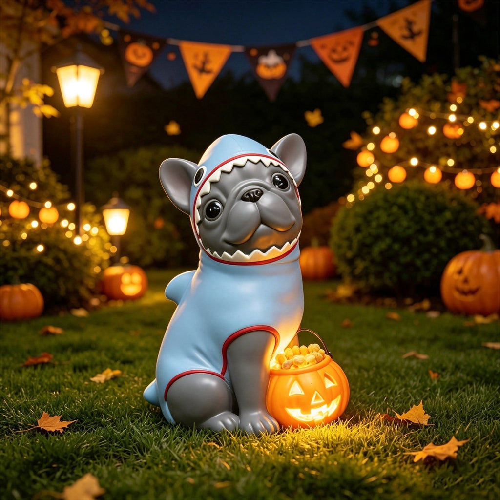 Gray Frenchie in Shark Costume Blow Mold, Halloween French Bulldog Statue with Light Up Pumpkin Decor, Cute Resin Outdoor Indoor Tabletop Dog Ornament, Entryway Patio Yard Decoration, 8"