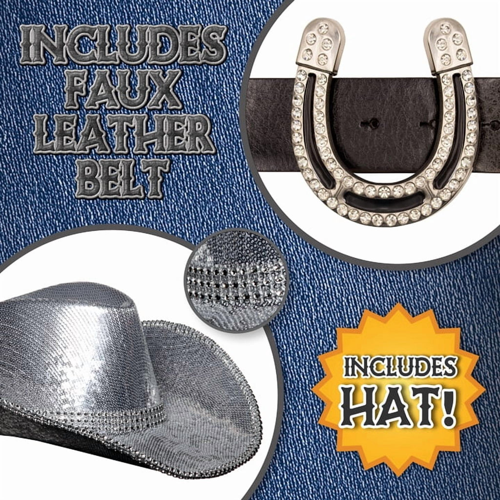 UNDERWRAPS Denim Sexy Cowgirl Costume - Western Dress for Women Halloween Costume, Includes Sequin Cowboy Hat & Faux Leather Rhinestone Belt