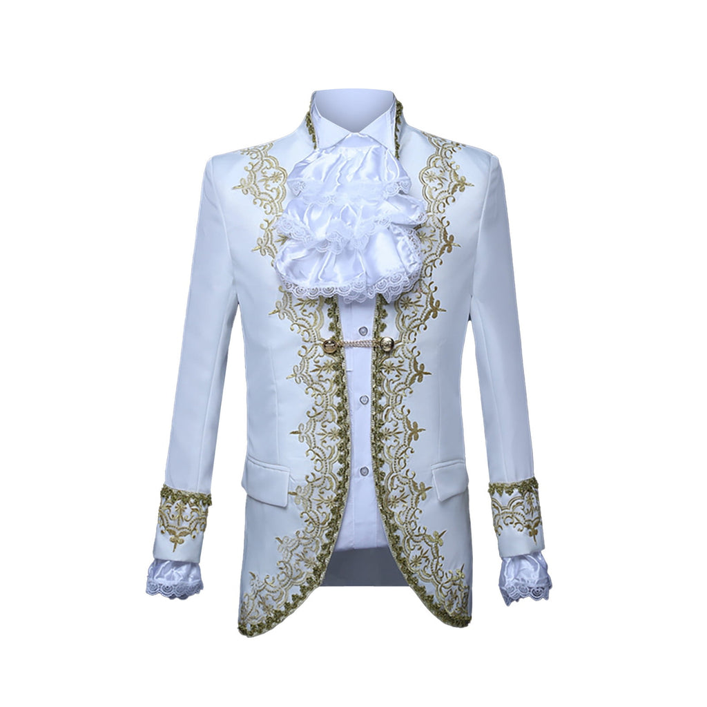 Odeerbi Mens Steampunk Tailcoat Gothic Medieval Gold Embroidery Jacket Halloween Tuxedo Coat Frock Uniform European Court Performances Prince Uniforms Coat White