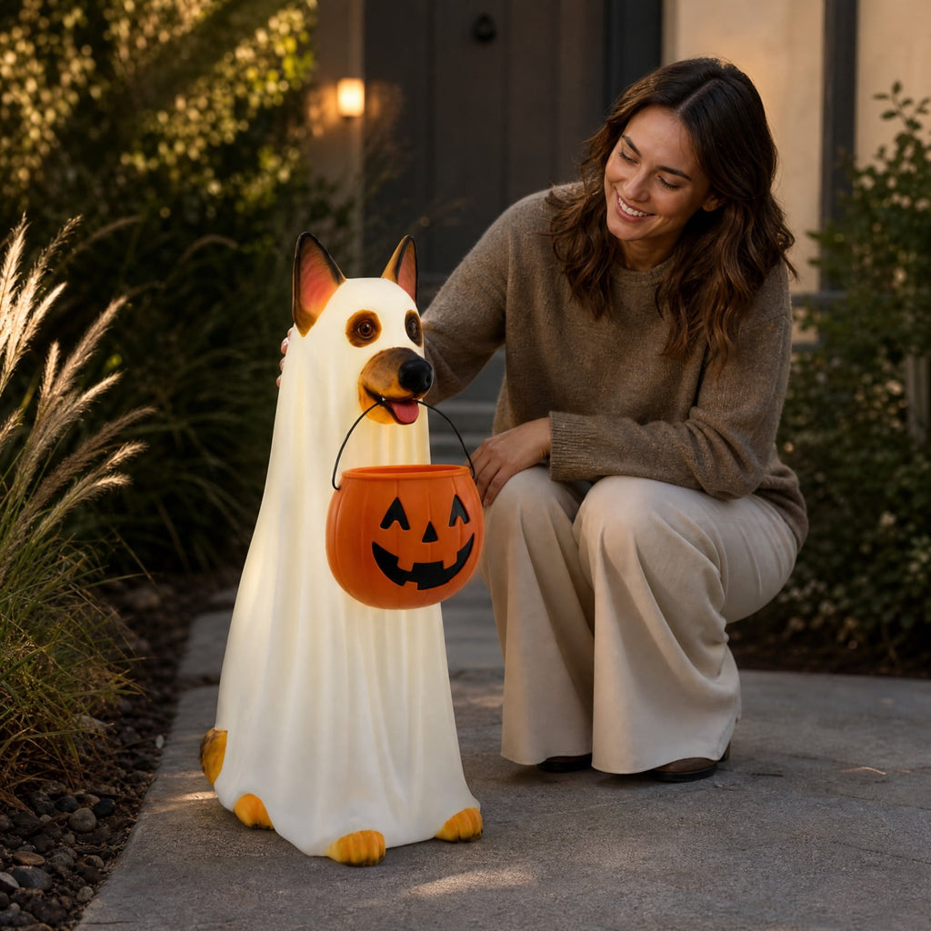 Halloween Dog Greeter - Frenchie 7.9in Resin Witch Dog with Light-Up Pumpkin, Spooky Fall Decor, Indoor Outdoor Tabletop Decoration