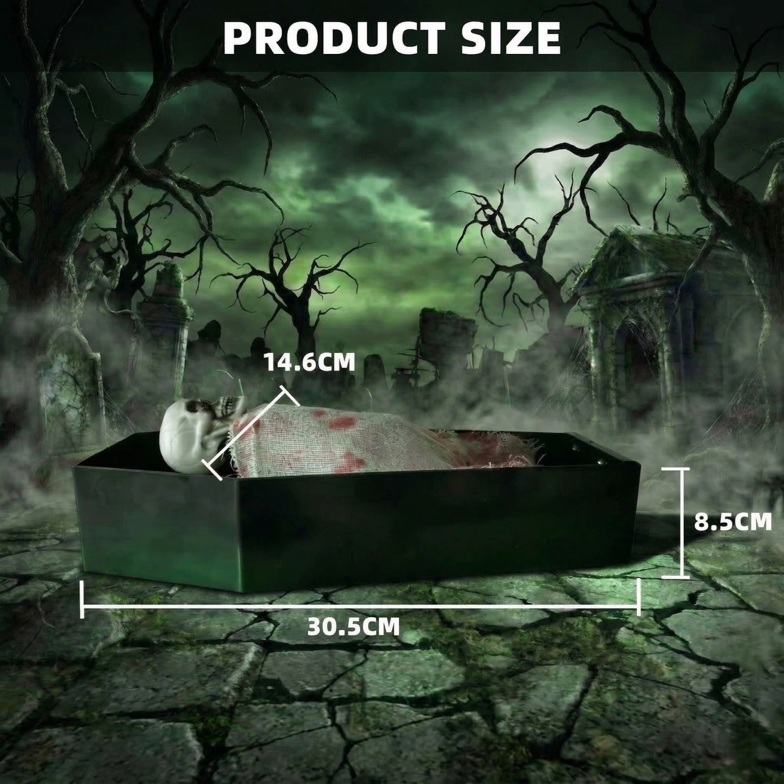 Animated Halloween Skeleton Coffin Decoration, Voice Activated Po*p Up Skeleton with Green LED Lights and Spooky Sounds, Horror Tabletop Prop for Halloween Party Home Decor Haunted House Display