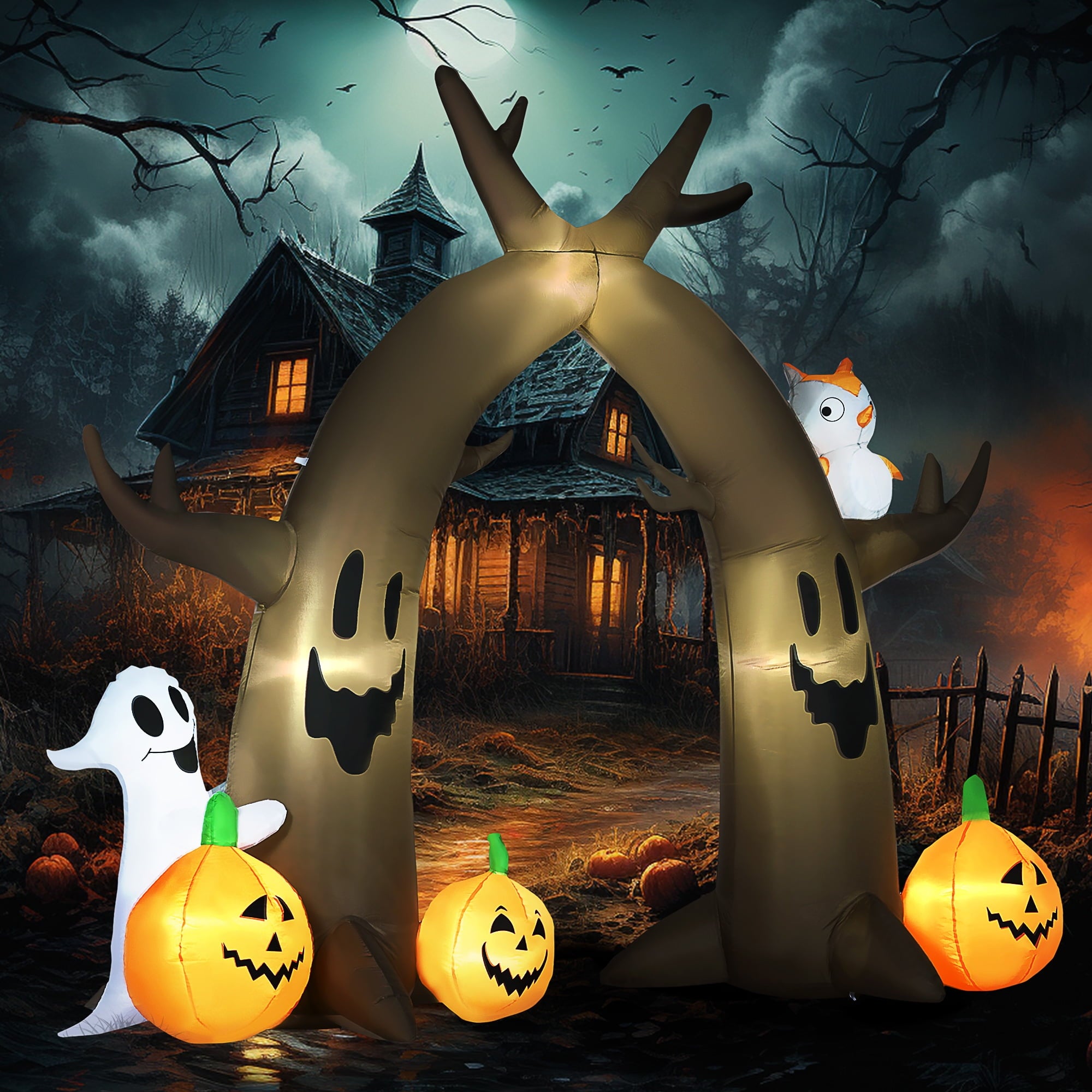 Outsunny 11.8' H Large Halloween Inflatable Archway Ghost Bat Pumpkin Spider, Halloween Decoration with LED Lights for Garden Indoor Outdoor