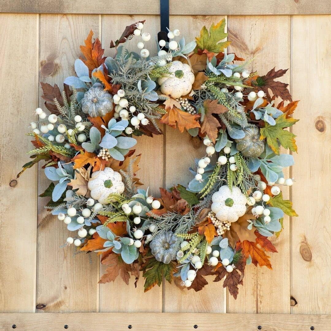 Artificial Fall Wreaths for Front Door Rustic Autumn Wreath with Pumpkin,Rose,Berry Branchesm,Mixed Leaves Thanksgiving Wreath Fall Door Wreath for Halloween Thanksgiving Indoor Outdoor Decor (B17.7)