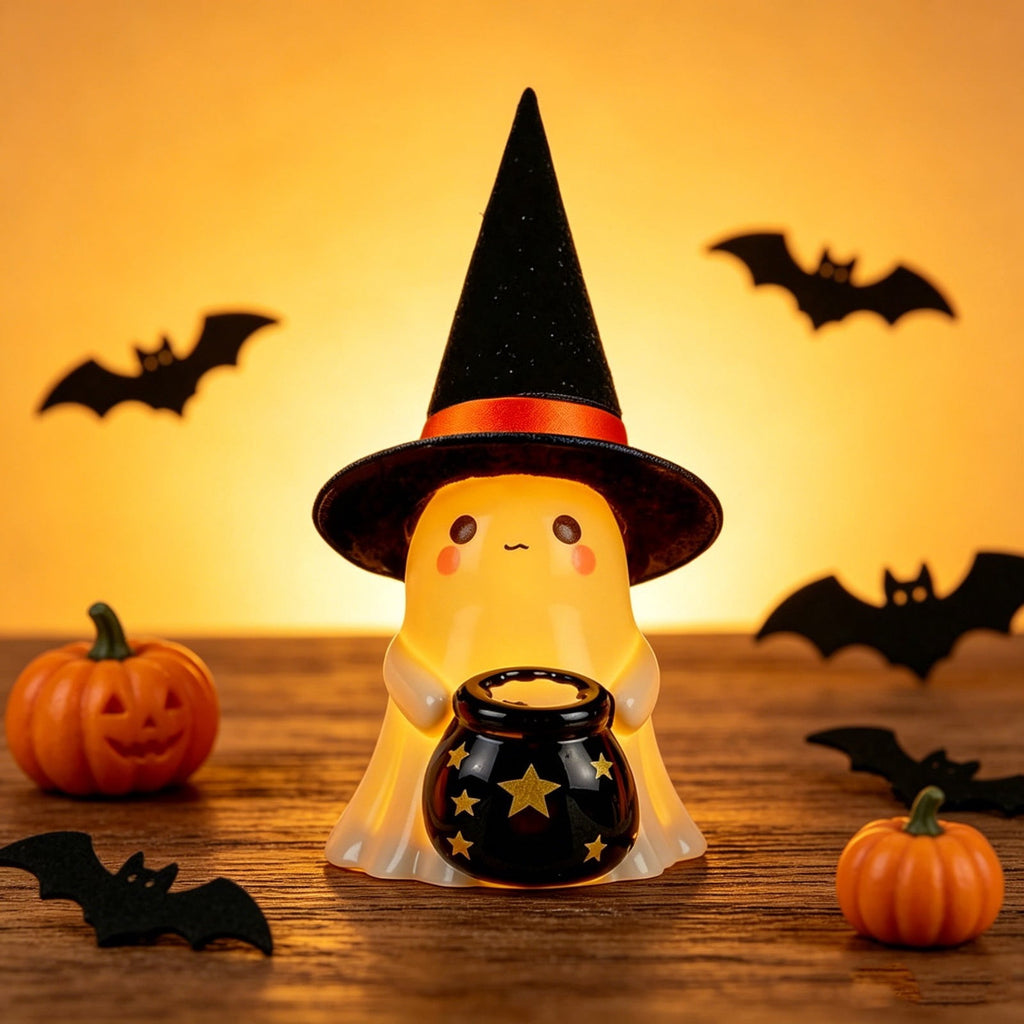 Fwttom Ghost Night Light, Halloween Lights Cute Ghost Reading Book Lamp, Halloween Decorations Indoor Light Up Ghost Statue Ghost Light for House Mantel Bedside