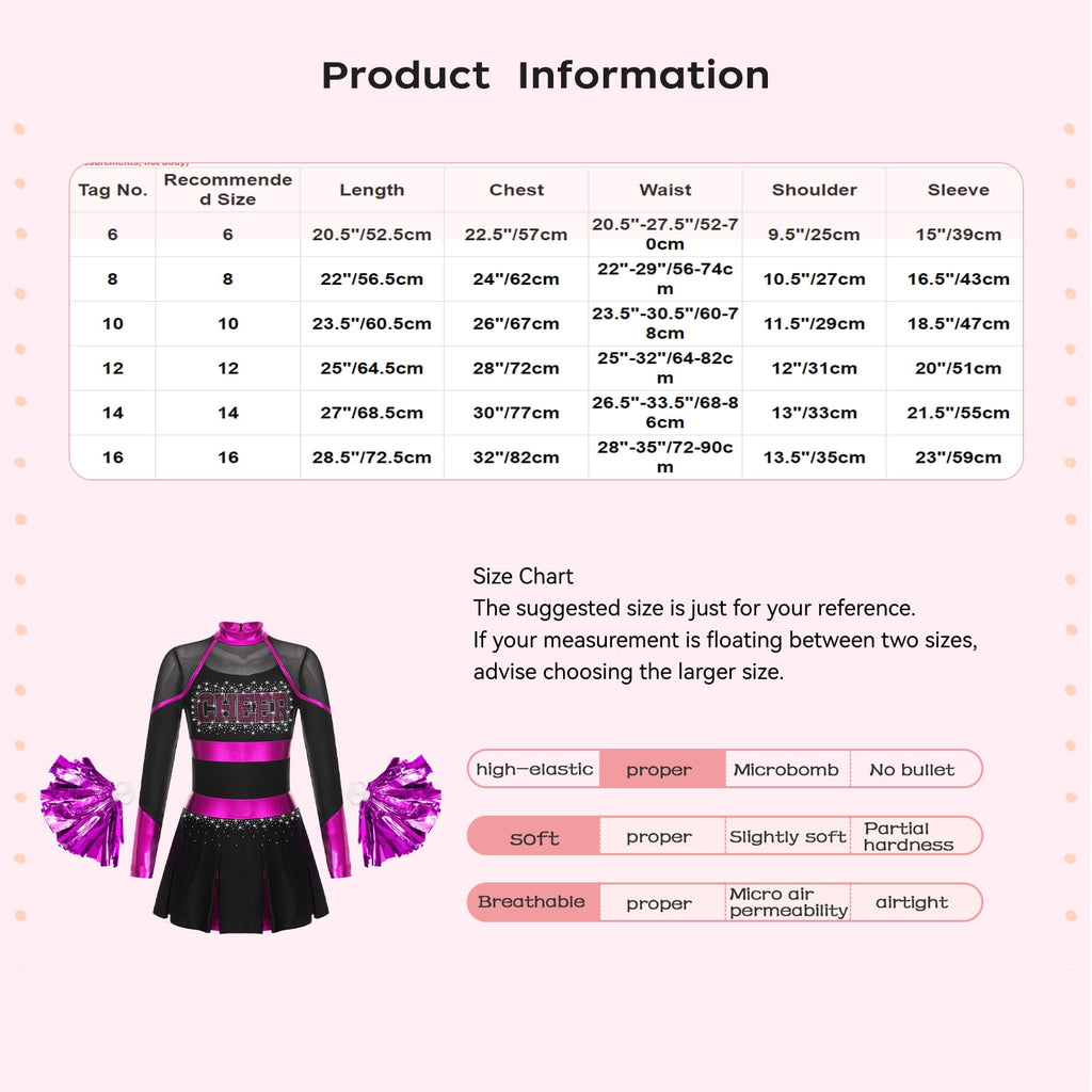 YEAHDOR Cheer Team Uniform for Schoolgirls Cheerleading Outfit Carnival Masquerade Costume Dress with Hand Flower Balls Black&Red 14