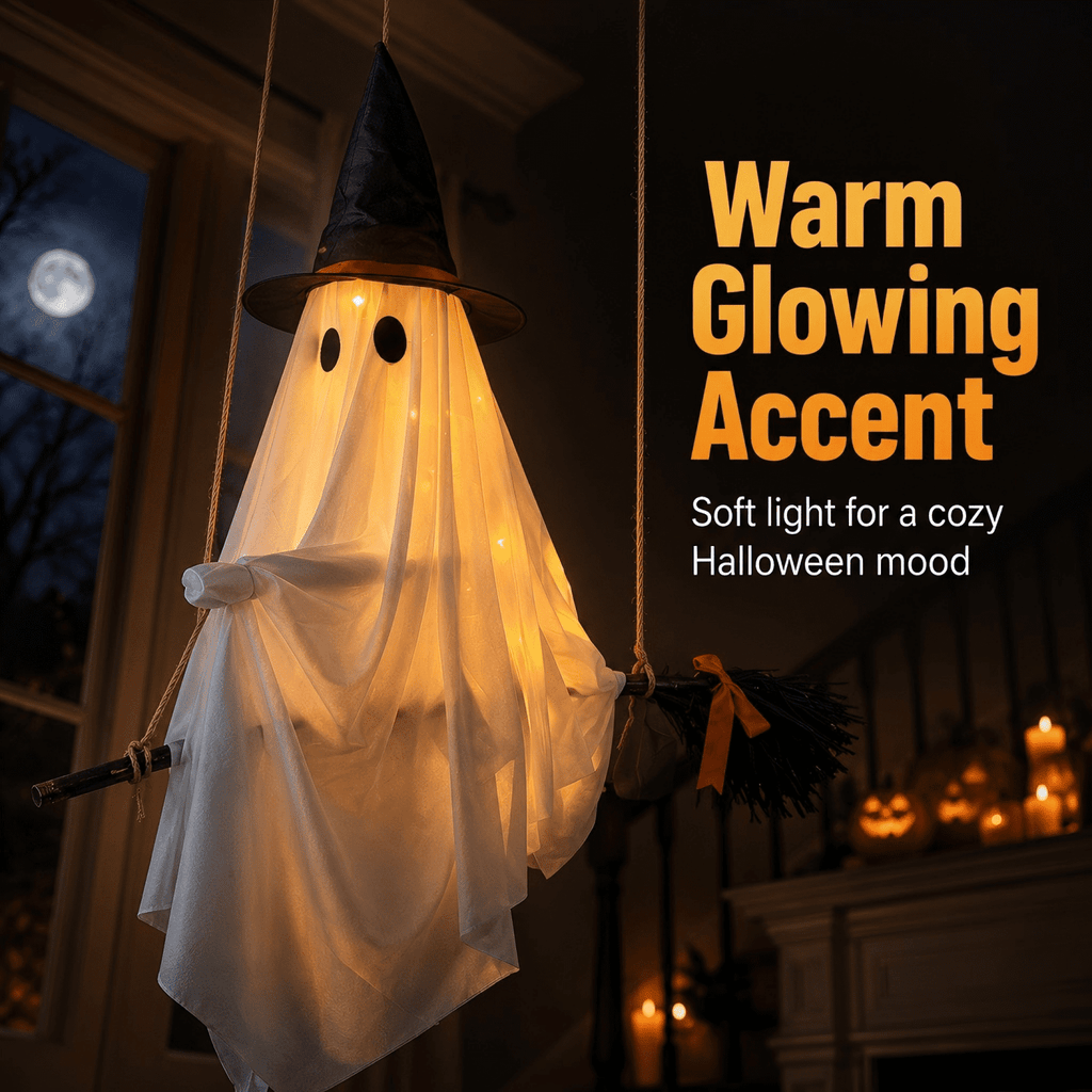 5 FT DIY Hanging Swing Ghost Halloween Decor, Light-Up Flying Ghost on Broomstick with Witch Hat, Spooky Cute Outdoor Halloween Decorations for Front Porch Yard Tree (Remote-controlled light-up )
