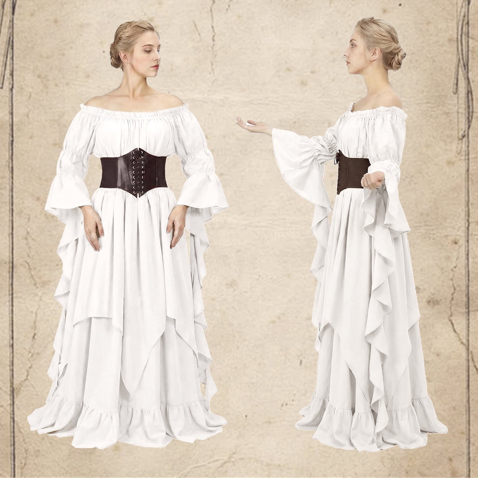 IROOZIGOTO Womens White Medieval Renaissance Maxi Dress Off Shoulder Long Flare Sleeve with Brown Lace Up Corset Belt Halloween Cosplay Costume