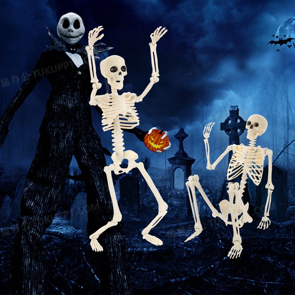 AGCAN 4 Packs Posable Halloween Hanging Skeleton Decoration, 16 Inch Halloween Decorations with Movable Joints for Graveyard Haunted House Props Decor Indoor Outdoor