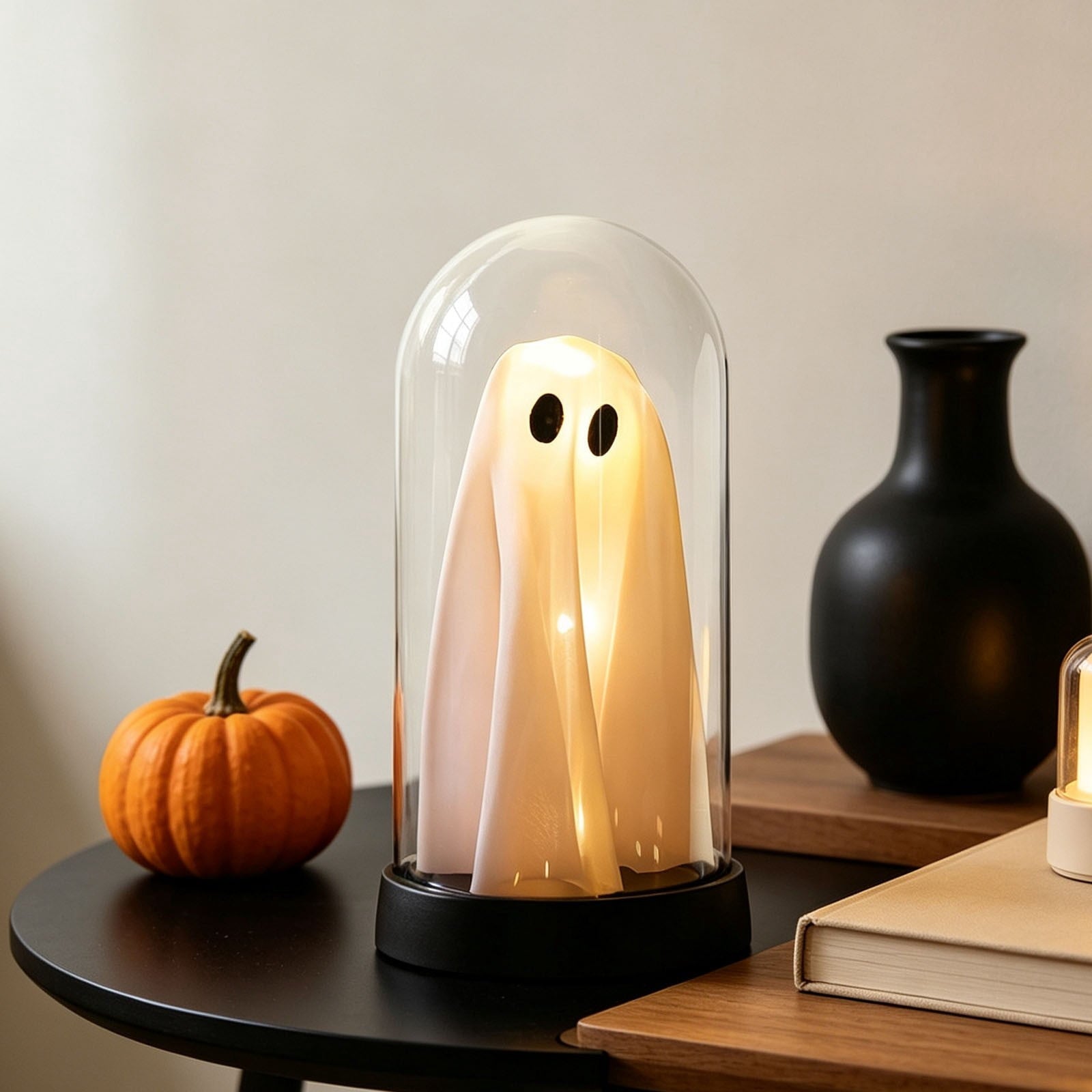 Darzheoy Halloween Decoration Ghost Cloche Lamp, with 3 Mini Figurines, Halloween Ghost Spooky, White Warm Glow, 1 Count