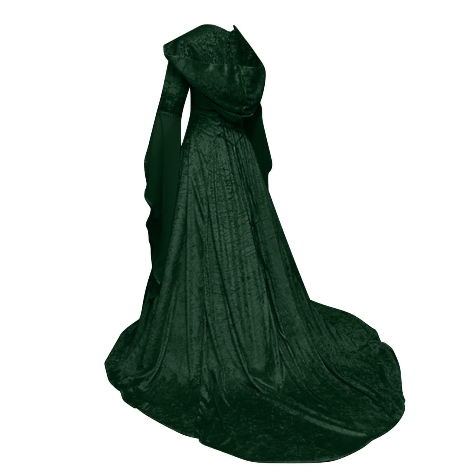 Medieval Renaissance Hooded Dress for Women, Silver Gothic Witch Costume with Lace-Up Corset, Vintage Velvet Long Sleeve Gown for Halloween Cosplay Renaissance Wedding Themed Party-Dark Blue/L