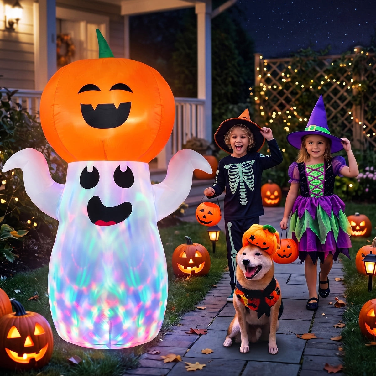 GVDV 5Ft Halloween Inflatable Pumpkin Ghost with 360° Rotating Colorful LED Lights, Cute Indoor/Outdoor Decor for Party, Yard, Lawn