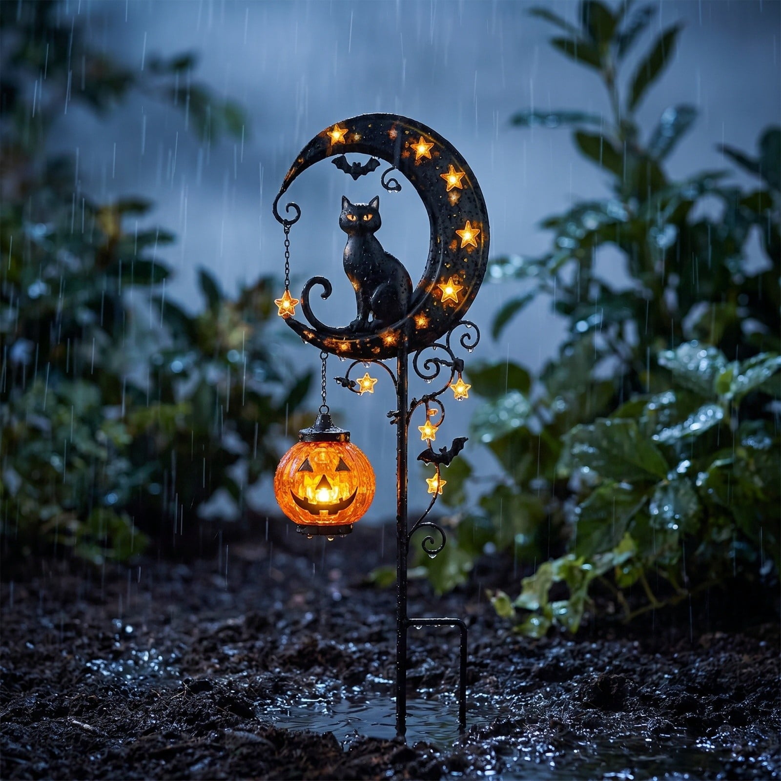 Halloween Crescent Moon Pumpkin Solar Stake Light, Star Hollow Cutout Ground Lamp, Anti Rust Halloween Decorations Party for Yard Walkway black