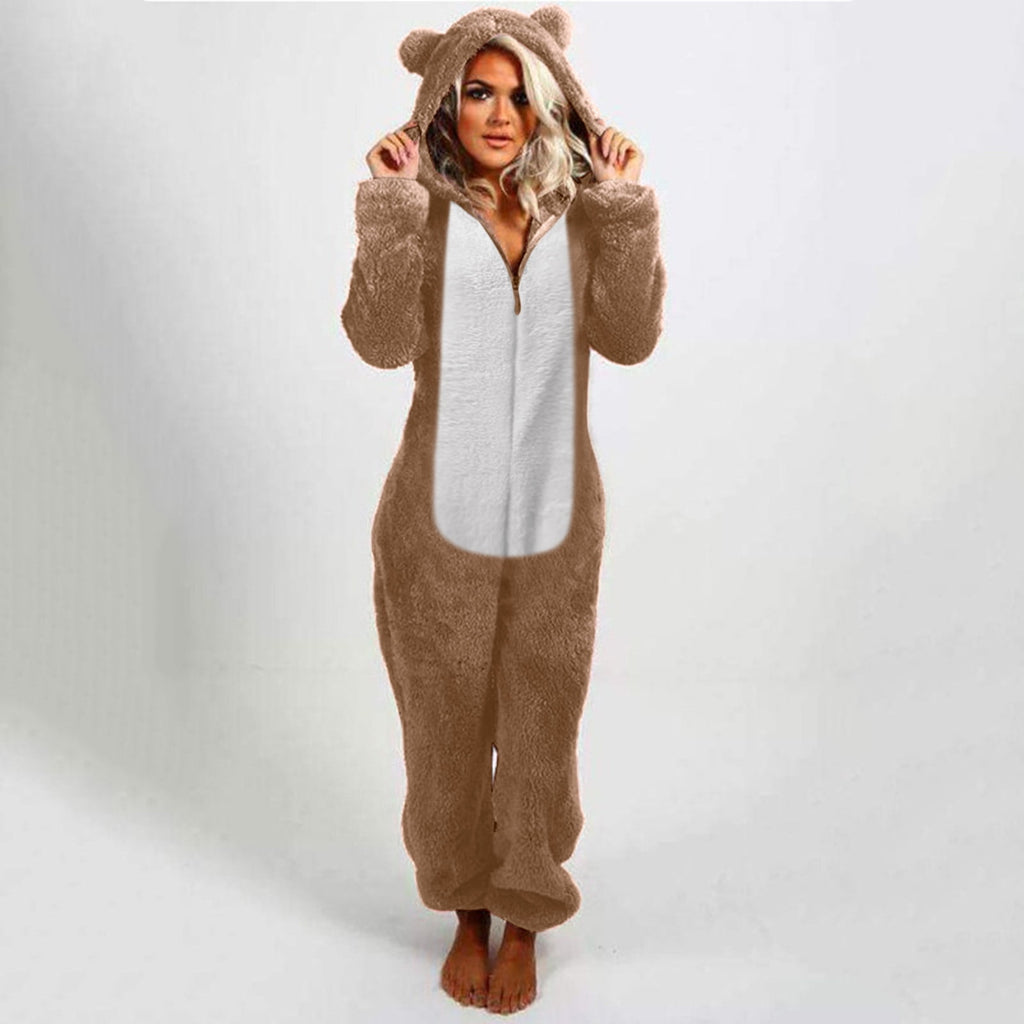 QATAINLAV Sherpa Fleece Jumpsuit for Women Winter Warm Fuzzy Onesie Pajamas Cute Cat Hooded Romper Casual Zip Up Overalls Sleepwear Black XL