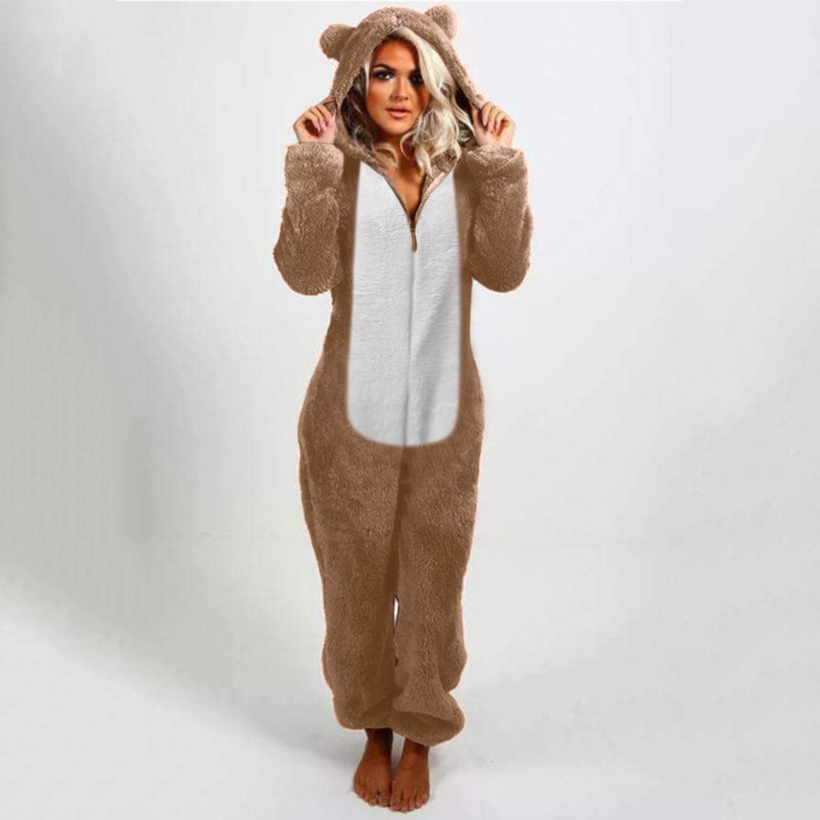 QATAINLAV Sherpa Fleece Jumpsuit for Women Winter Warm Fuzzy Onesie Pajamas Cute Cat Hooded Romper Casual Zip Up Overalls Sleepwear Black XL