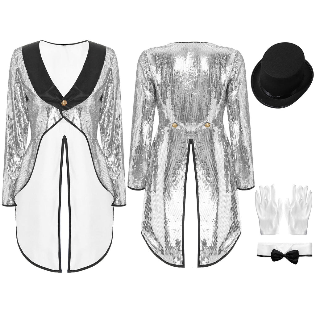 iiniim Women Magician Cosplay Sequin Tailcoat Circus Showman One-Button Tuxedo Jacket Outfits Red M