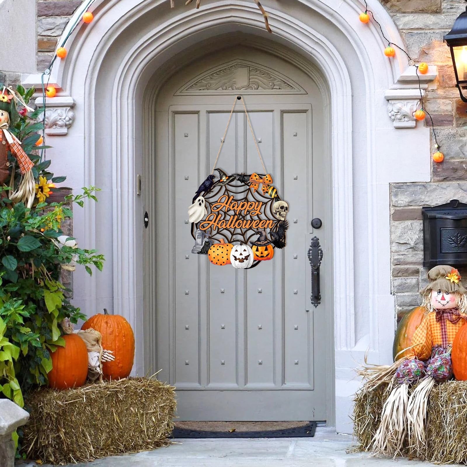 Halloween Decoration Indoor,Ghost & Pumpkin Halloween Wreath for Front Door,Wooden Black Cat Wall Sign Hanging Decor Indoor Outdoor Farmhouse Party Supply