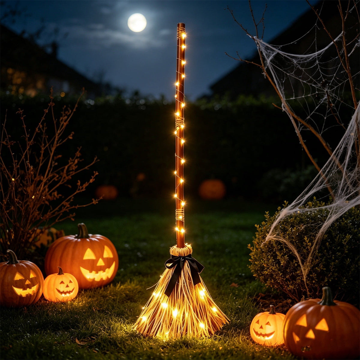 Halloween Witch Broom Cane with Ribbons, 38.2" Witches Broomstick for Wizard Costume Party, Photo Booth Accessory Stage Prop, Halloween Decoration, D
