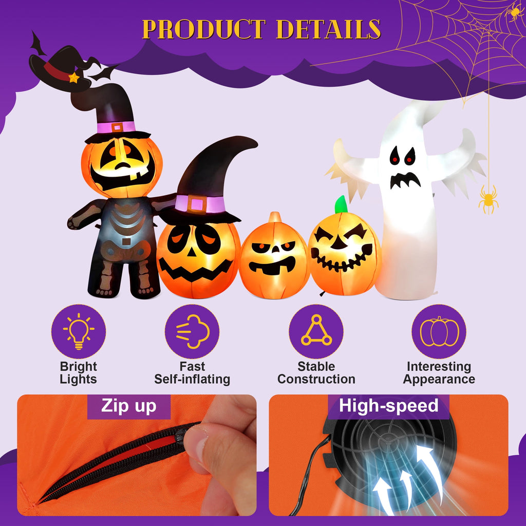 Yexmas Halloween Inflatables, 7 FT Long 4 Pumpkins with Cute White Ghost Outdoor Decorations, Built-in LEDs, Blow Up Party, Waterproof Yard, Garden, Lawn Decor