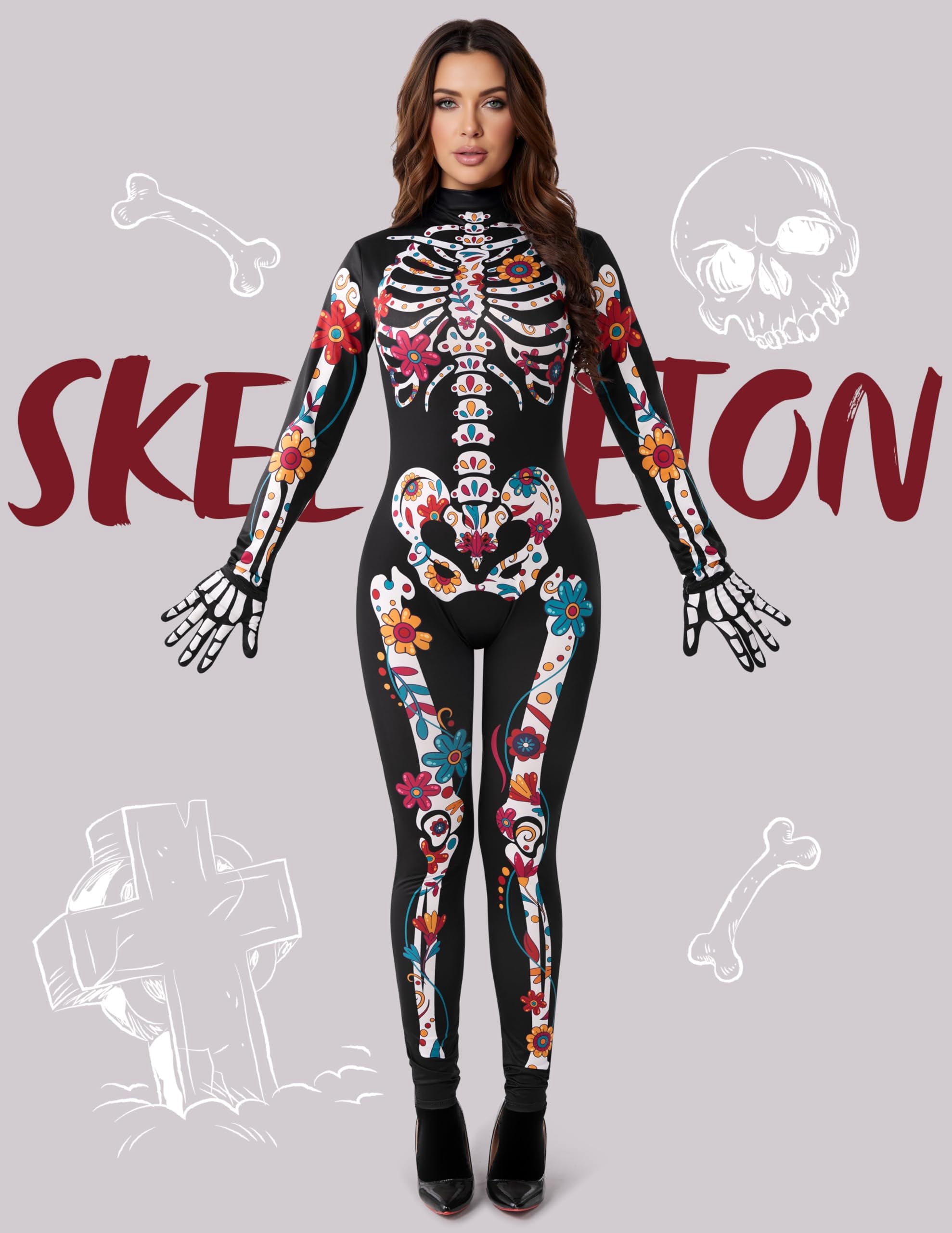 Joyfy Glow in the Dark Skeleton Costume for Adults Women Halloween Dress Up Party Role Playing Cosplay