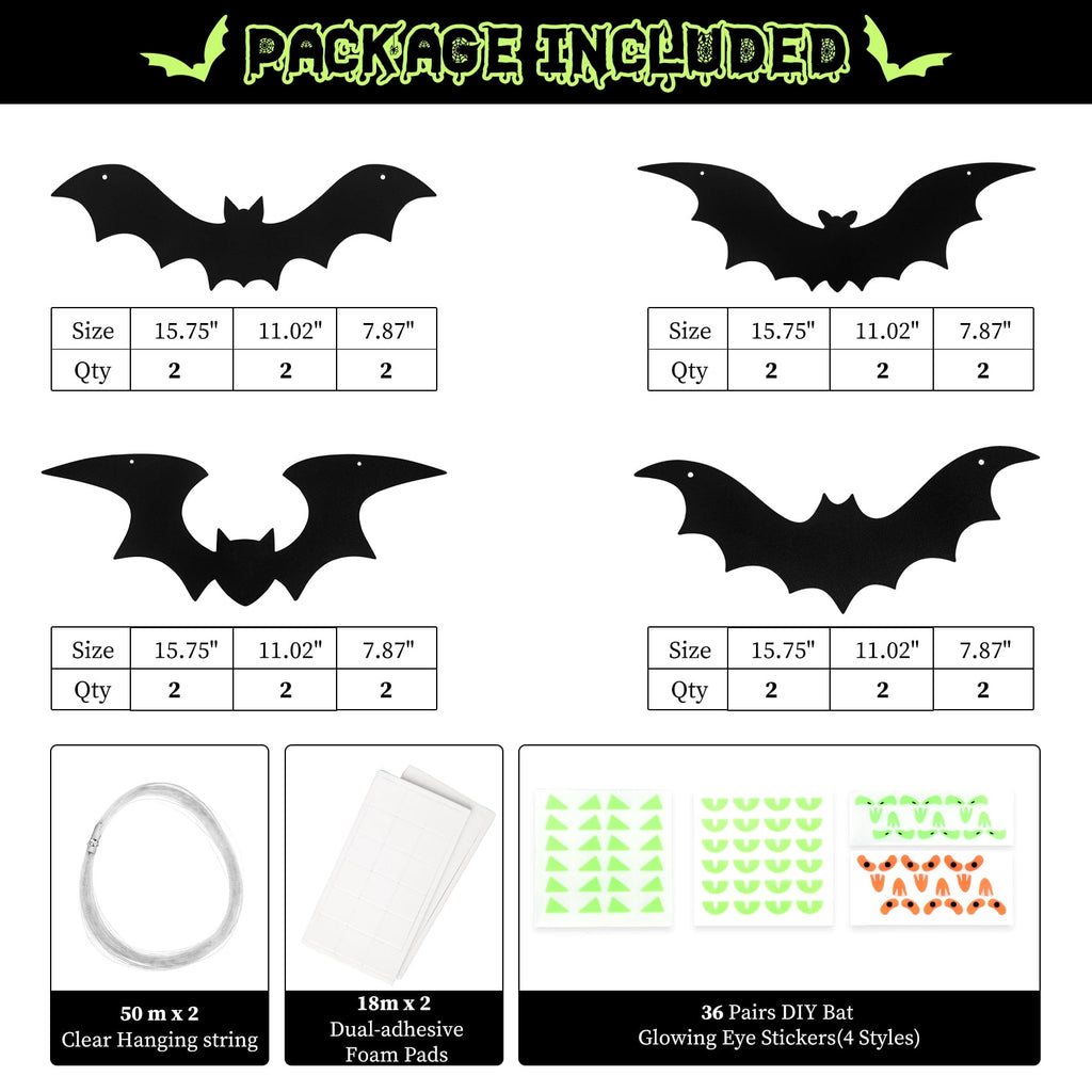 HiberyHom 24 Pack Hanging Bats Halloween Decorations Outdoor, Waterproof Black Plastic Bats 3 Different Sizes with Glowing Eyes Stickers, Bat Decorations Perfect for Halloween Hanging Tree Decor