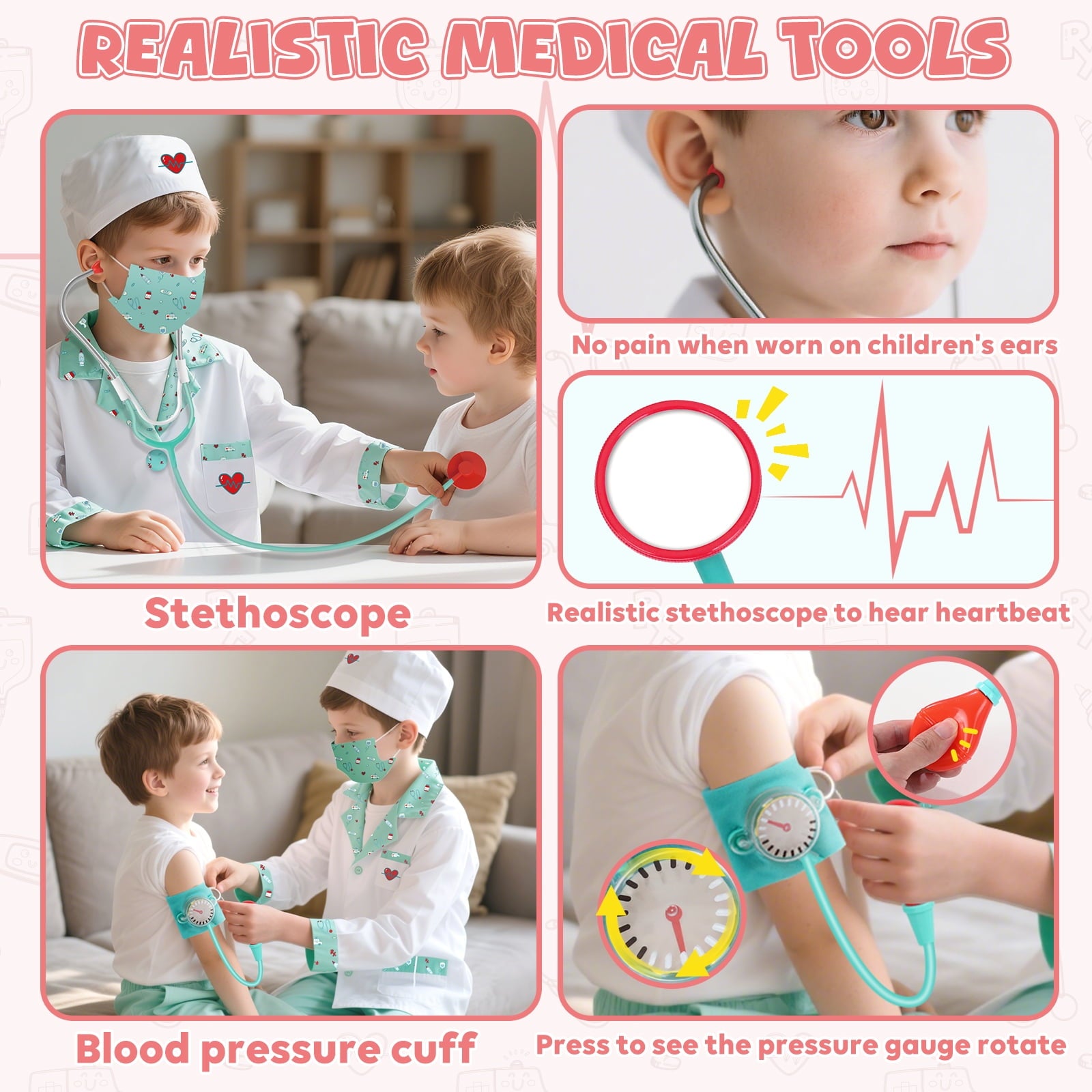 Doctor Costume for Kids Doctor Coat, Doctor Dress Up and Play Set 8 PCS with Real Stethoscope, Lab Coat Career Day Costume Kit for Toddlers Girls 3-12 - Pink